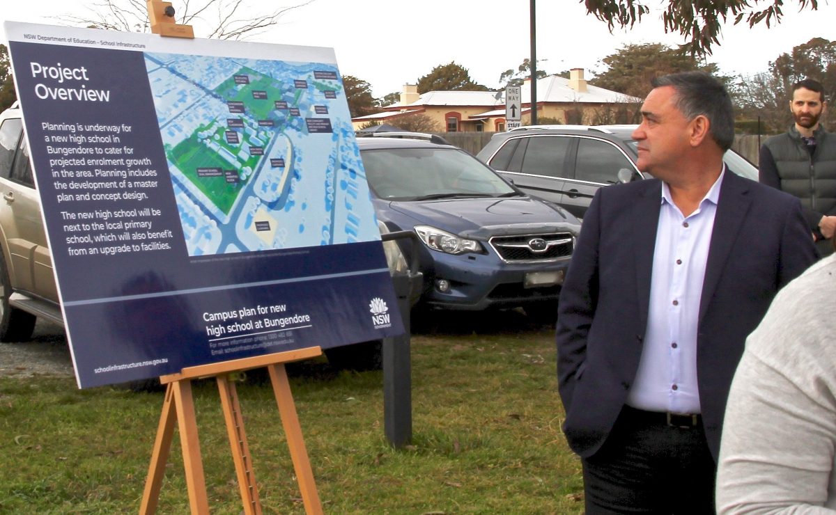 Member for Monaro John Barilaro with NSW Minister for Education Sarah Mitchell at the site of the Bungendore High School