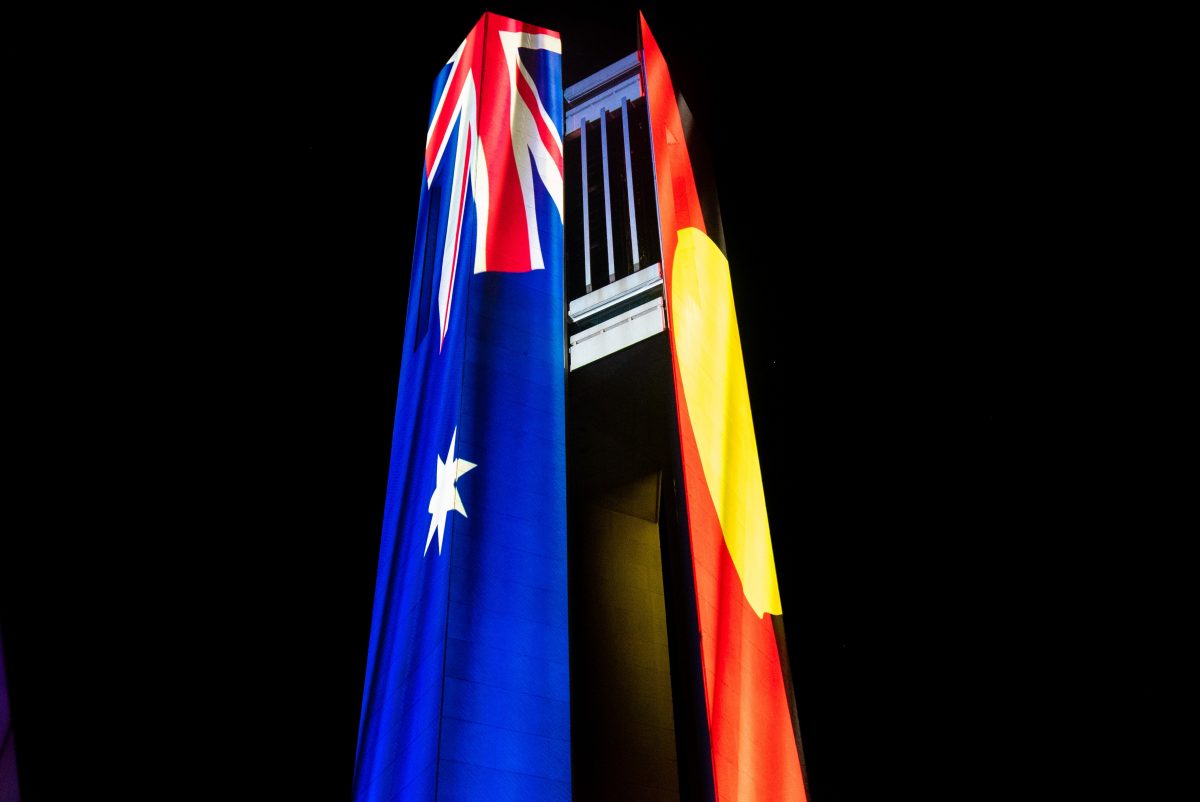 Australia Day projections of the Australian and First Nations flags at the Carillion