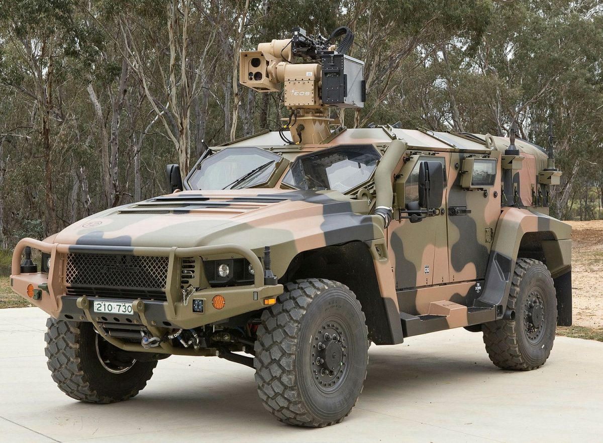Remote weapon station mounted on an armoured vehicle.