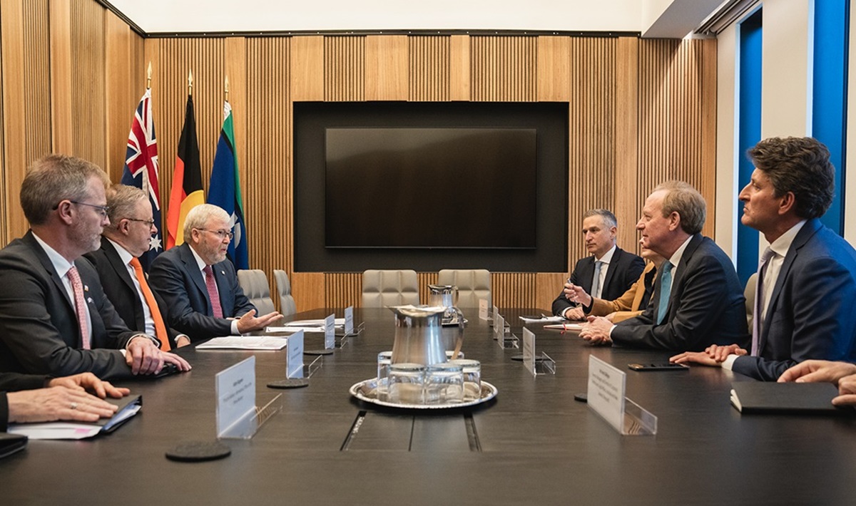 Australian officials including Prime Minister Anthony Albanese and US Ambassador Kevin Rudd talk with Microsoft officials in Washington. 