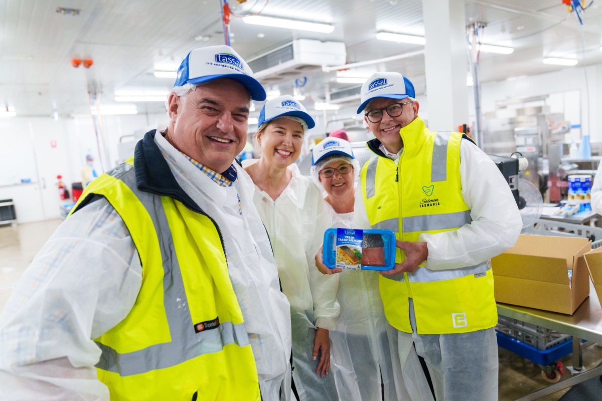 Anthony Albanese with workers at the Tassal salmon plant in Tasmania