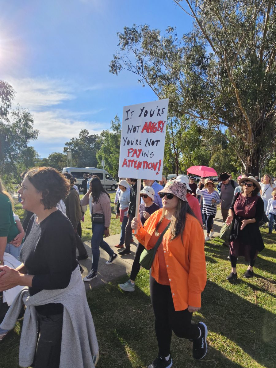 protestors against gendered violence outside Parliament House on Sunday, 28 April 2024