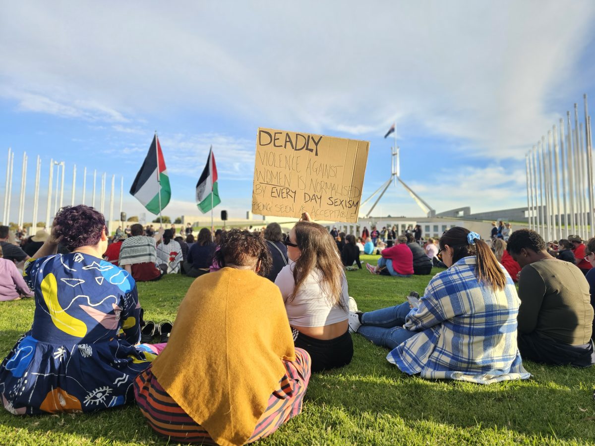 protestors against gendered violence outside Parliament House on Sunday, 28 April 2024