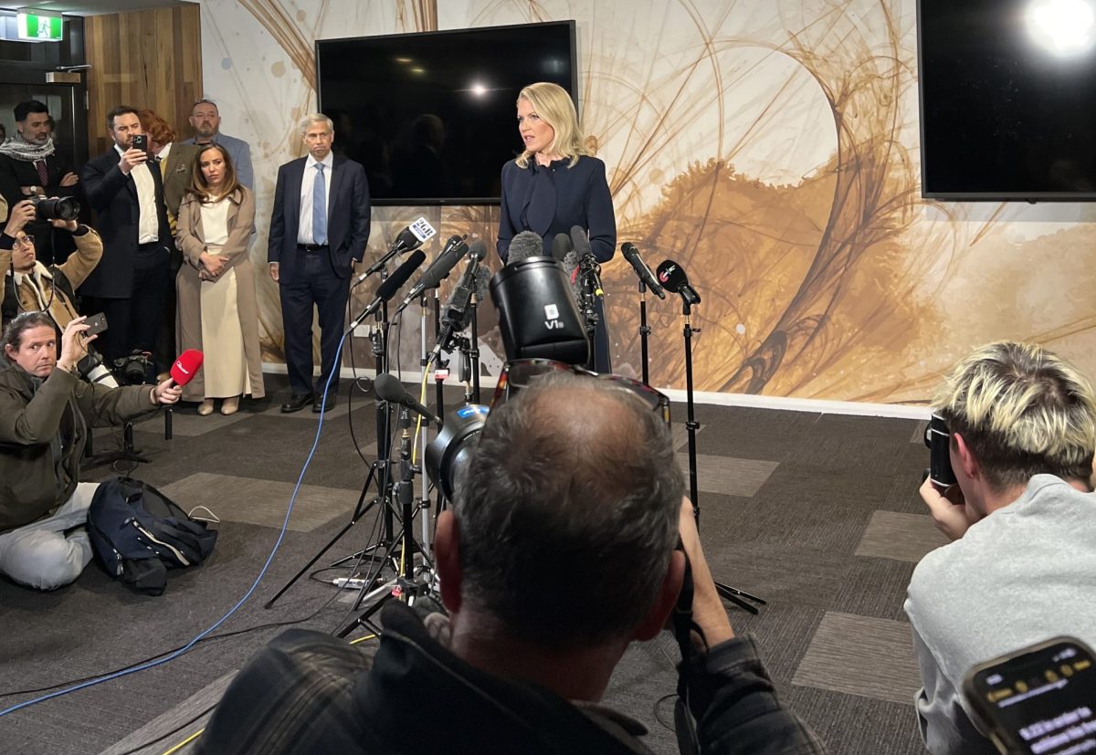 A woman in a navy dress speaking into microphones