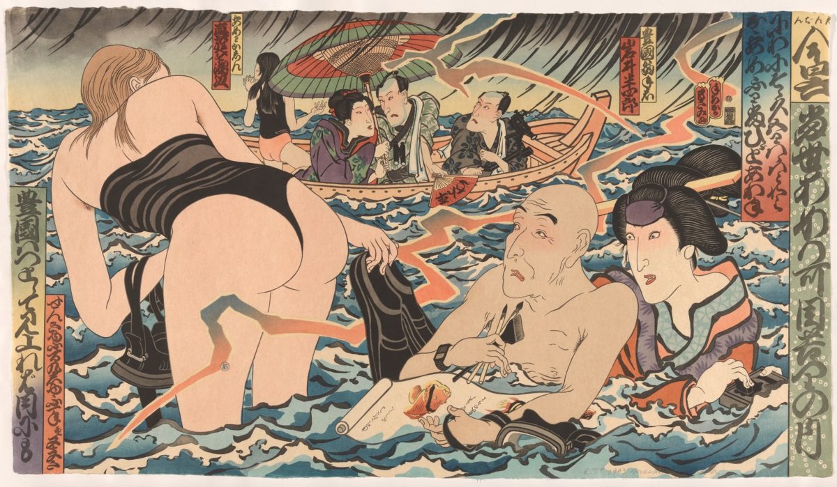 Horizontal art showing two men observing a woman diving into the water