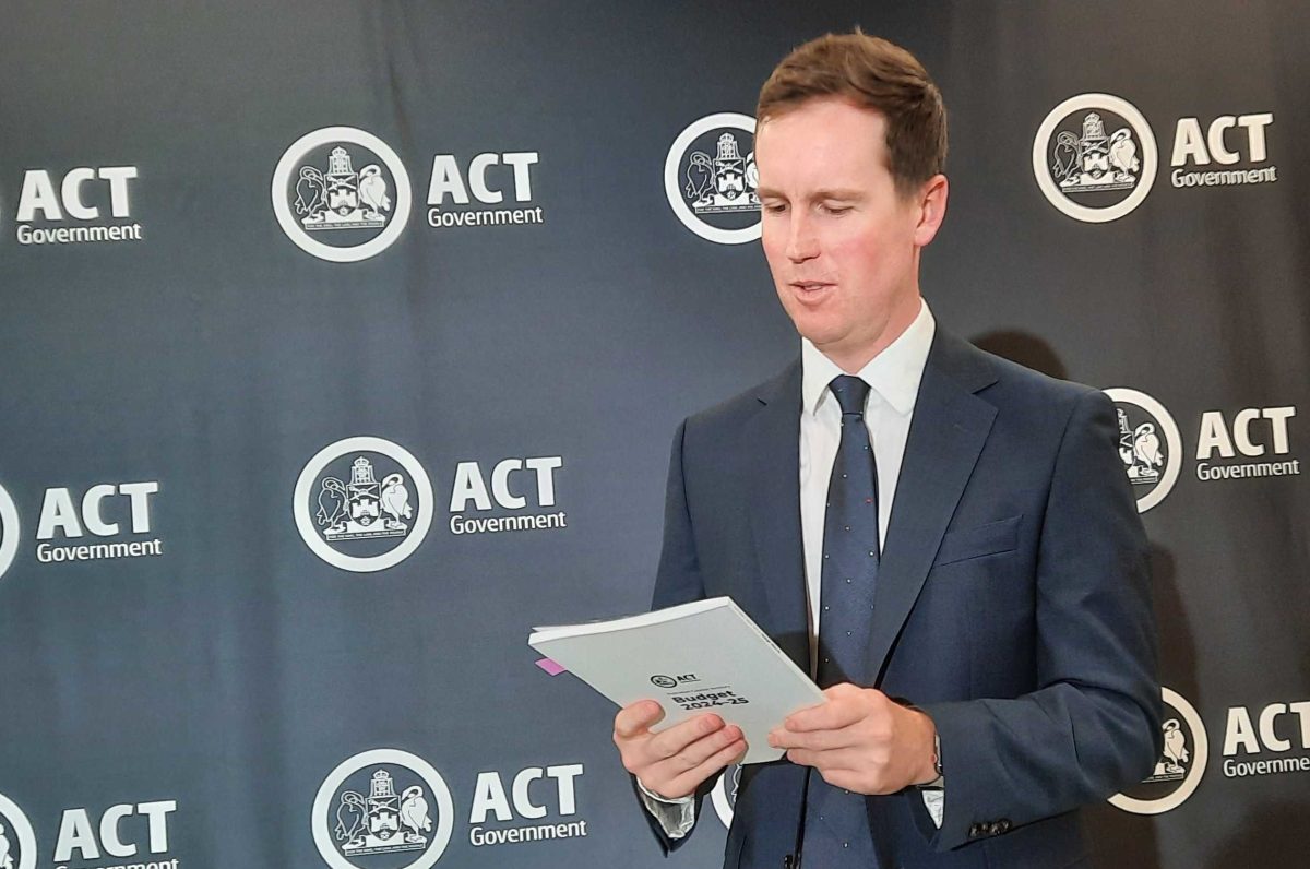 Chris Steel looking at budget papers