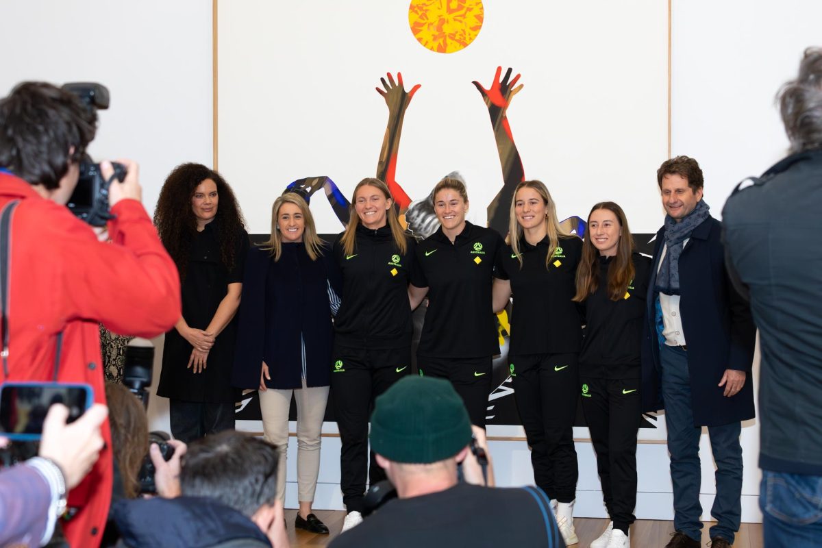 group photo of artist, Matildas players