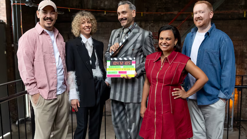 Portrait Artist of the Year judges Abdul Abdullah, Bree Pickering, Robert Wellington and hosts Miranda Tapsell and Luke McGregor