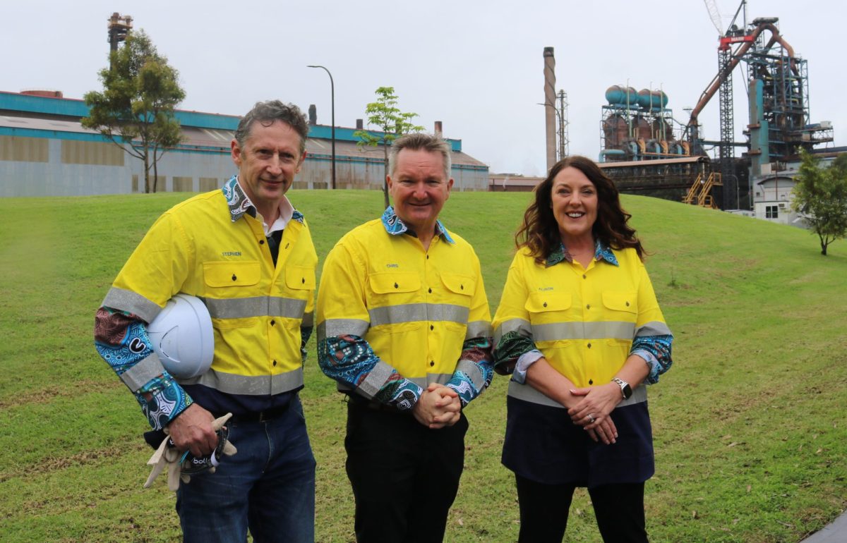 Three people in high vis gear at the Steelworks.