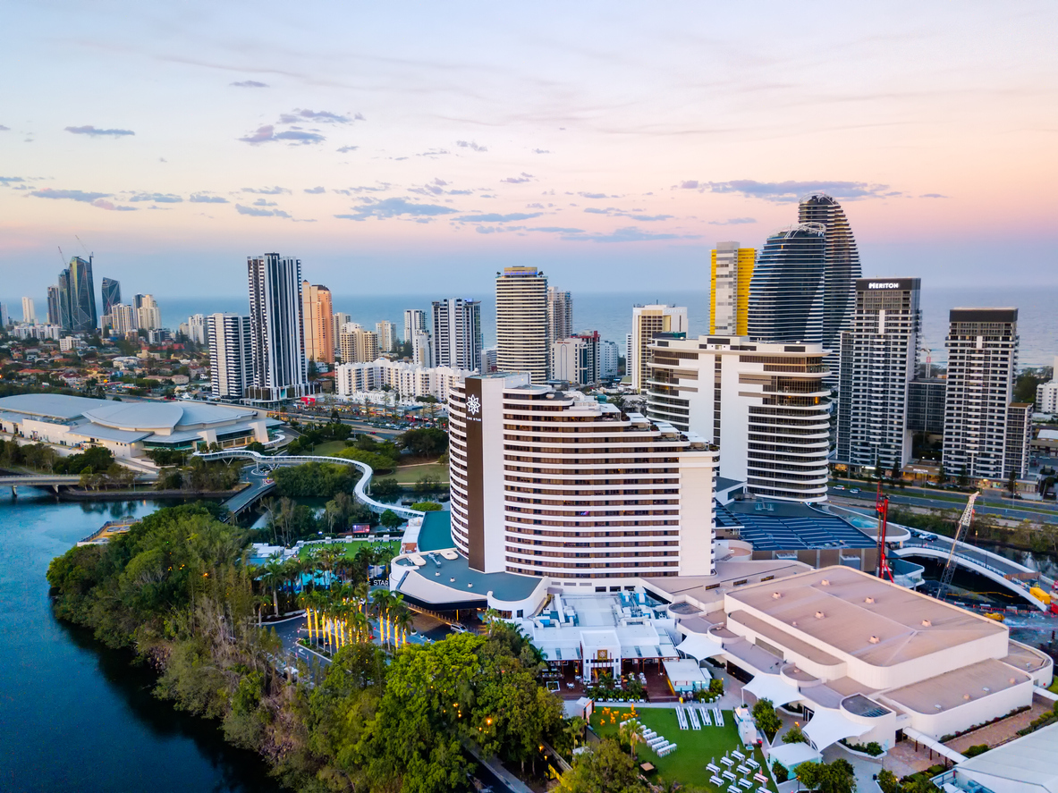 The Star Casino, Gold Coast Convention and Exhibition Centre and Broadbeach skyline at sunset from an aerial view on the Gold Coast in Queensland Australia