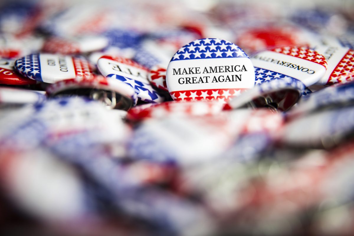 La Habra, United States - July 8, 2016: Election Vote Buttons with the text: Make America Great Again. The Donald Trump campaign slogan is "Make America Great Again."