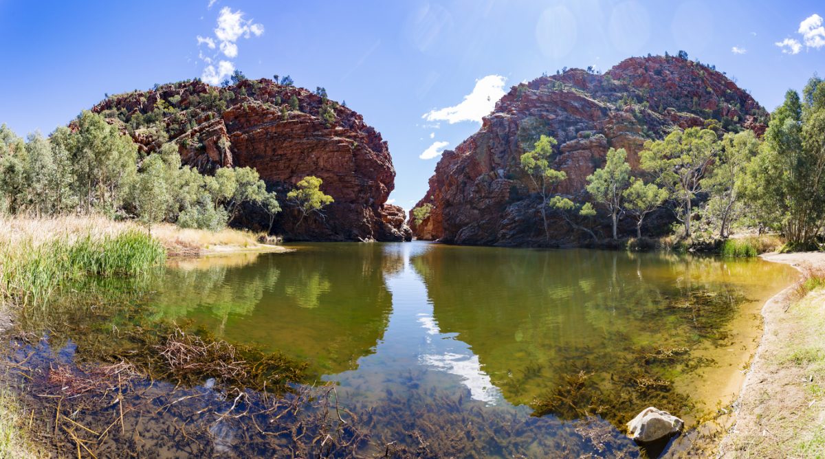 Panorama of the spectacular desert oasis of the Ellery Creek Big Hole waterhole in the Northern Territory, Australia.