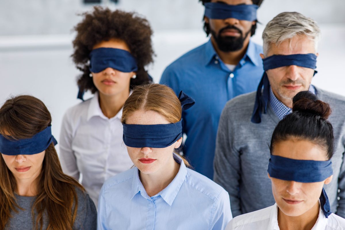 blindfolded office workers