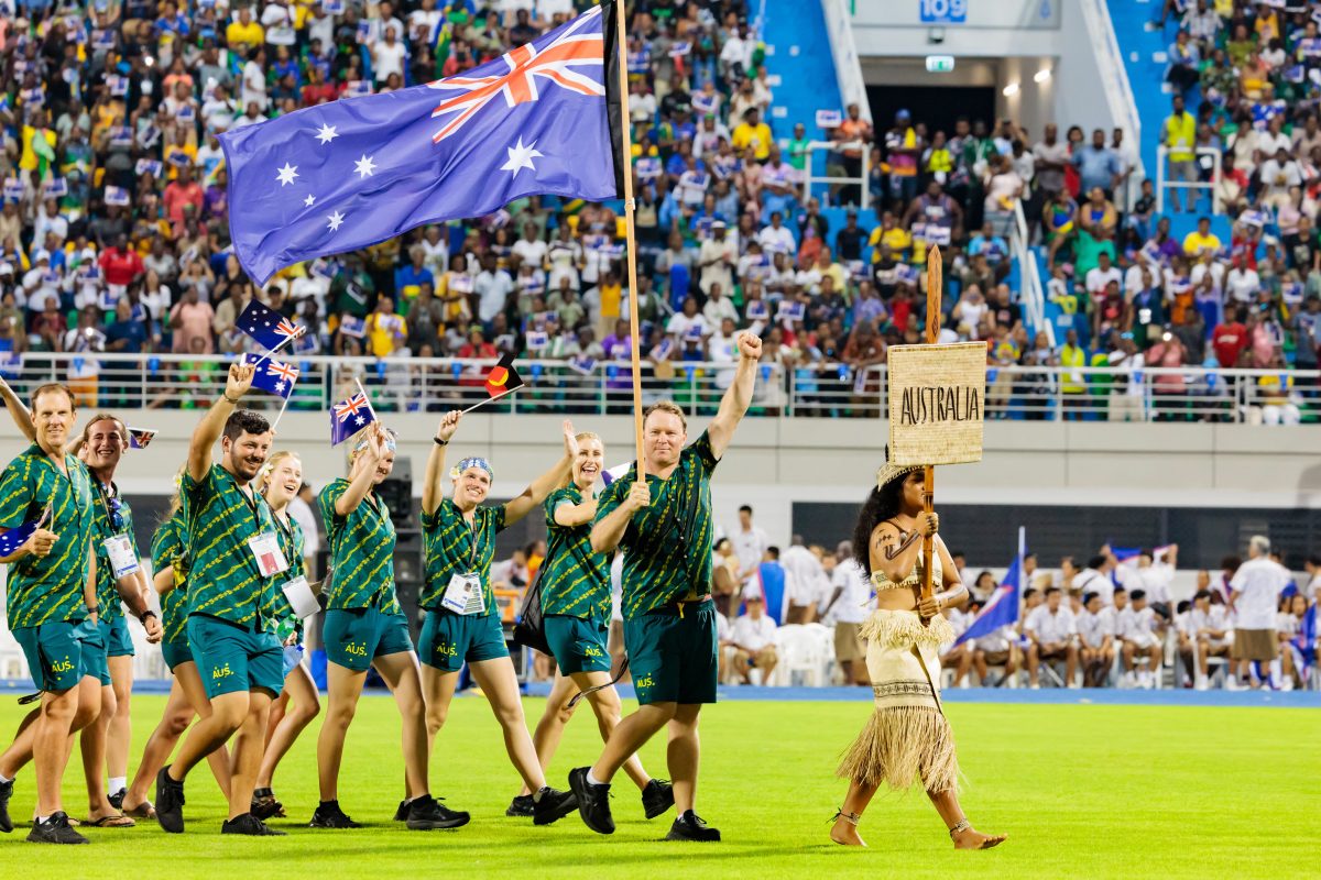 The Australian team being led around the Honiara stadium at the 2023 Pacific Games Opening Ceremony.