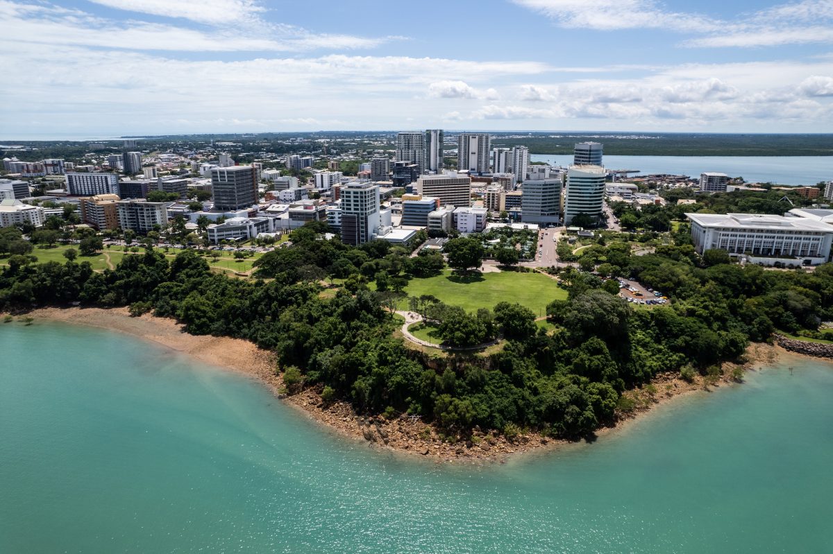 The Darwin CBD and surrounding harbour on a sunny day.