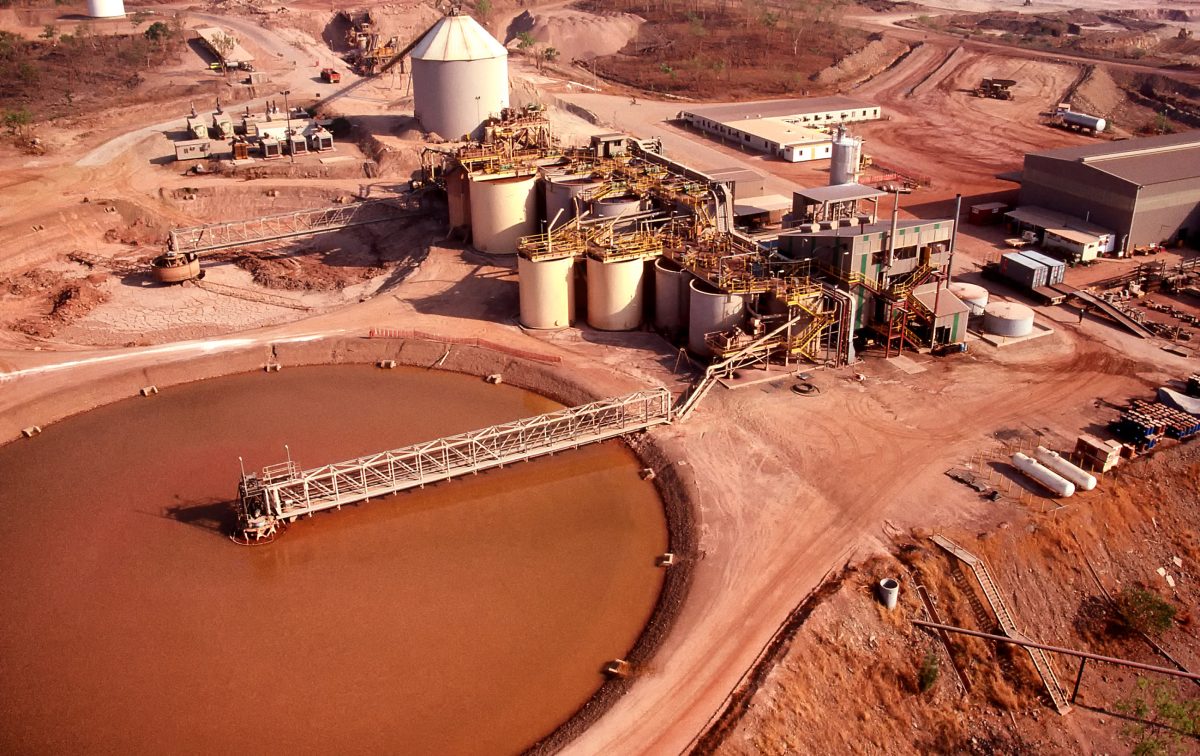 Aerial view of the tailings dam and processing plant of a Gold mine in the Northern Territory of Australia.