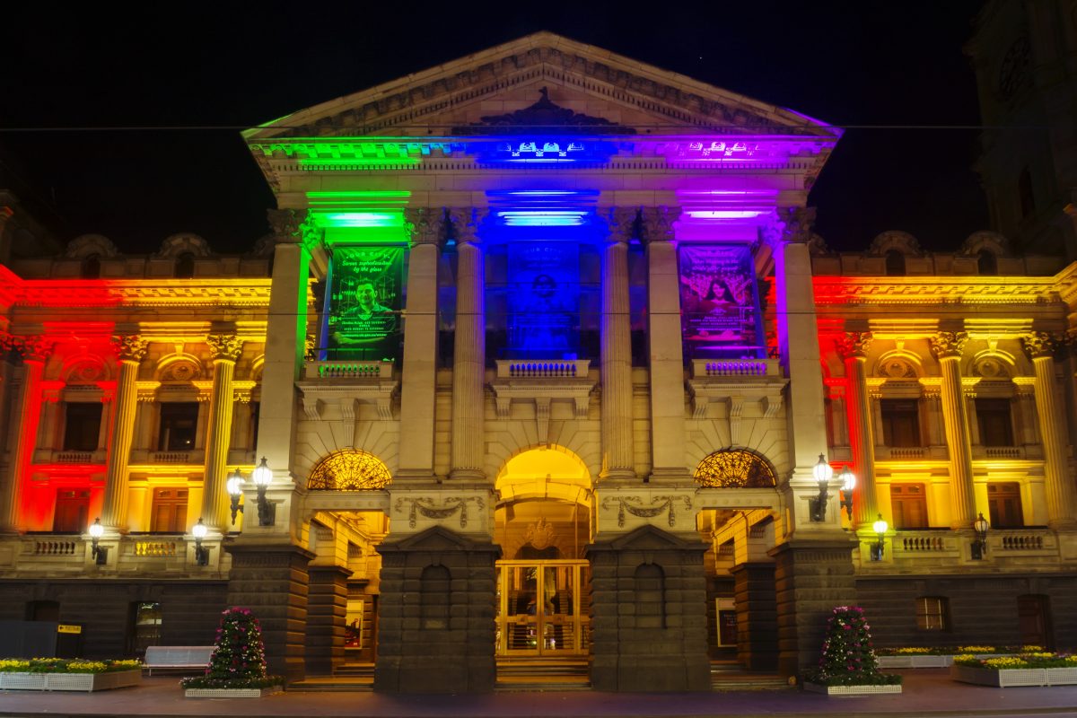 Melbourne Town Hall, lit in rainbow colours to honour the victims of a shooting which occurred at a Florida LGBTQ nightclub in the USA on June 12, 2016.