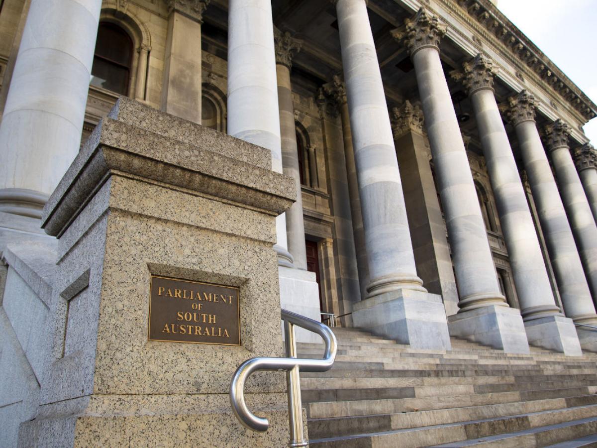 The front steps and Corinthian columns of South Australia's old parliament.
