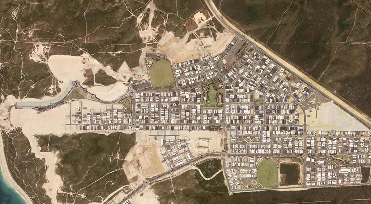 aerial view of a coastal suburb