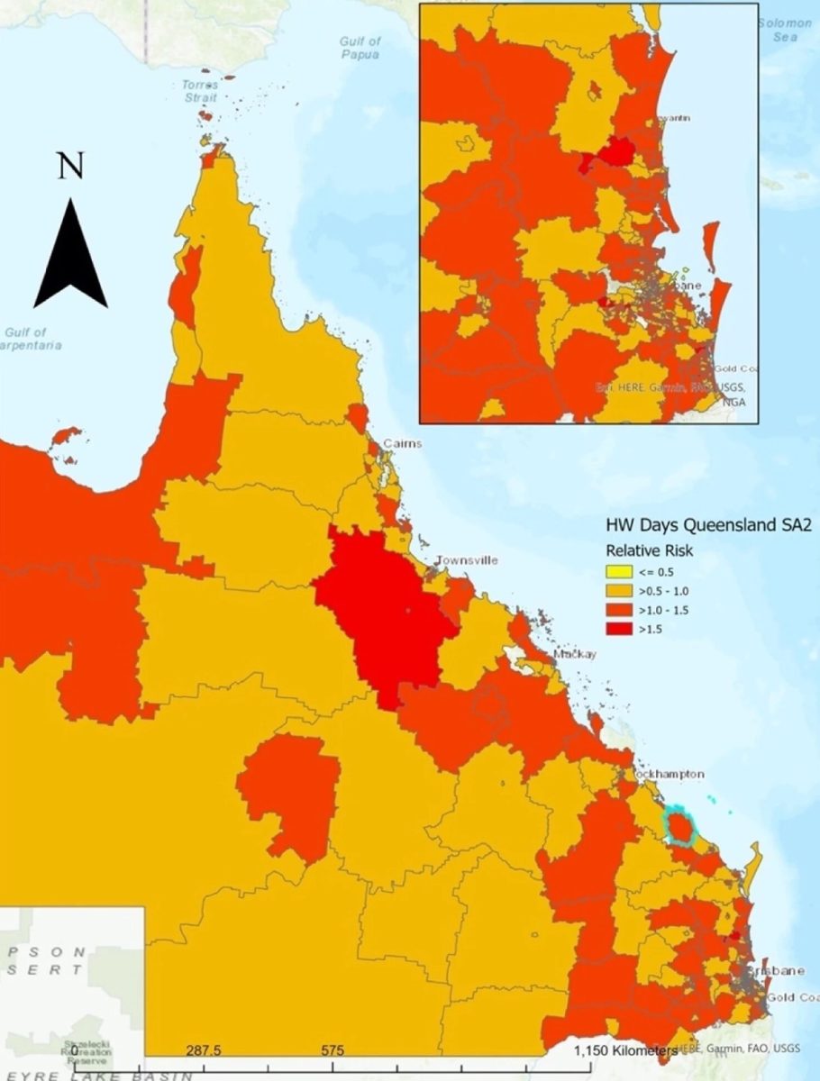 Map showing the relative risk of mortality during heatwaves across Queensland from 2010 to 2019.