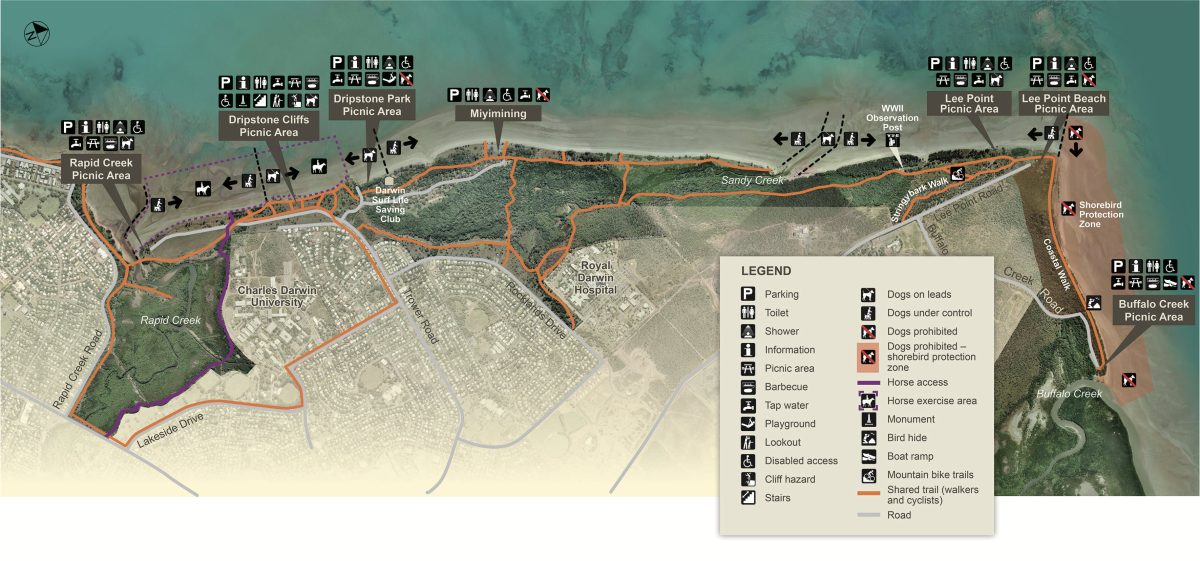 A map of a coastal reserve, with a legend listing facilities
