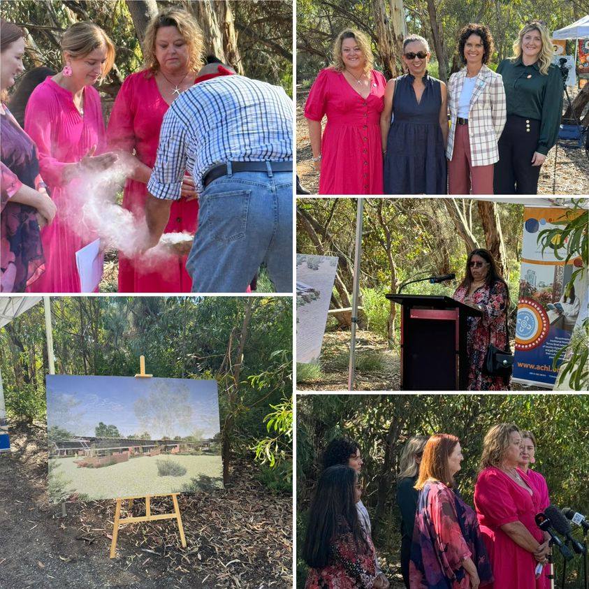 A collage of images taken from the announcement of the Aboriginal Elders Village being constructed.