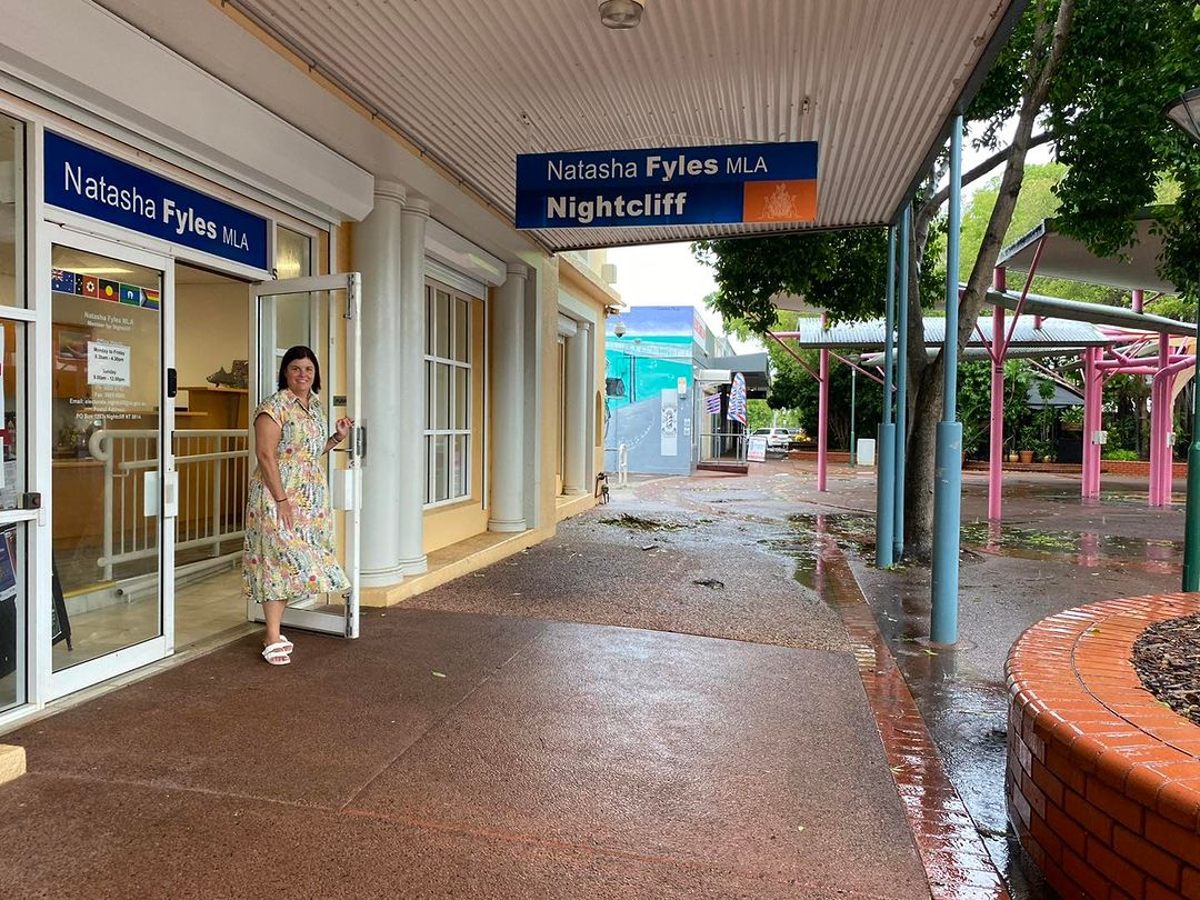 Natasha walking out of her electoral office in Nightcliff.