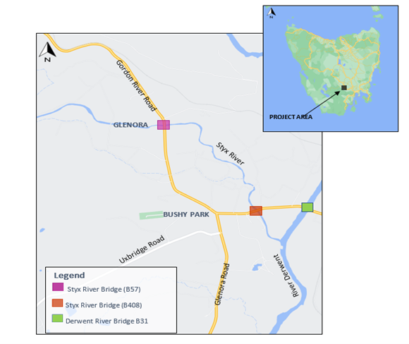 A map of where the new bridges will be built along the Styx River in Tasmania.