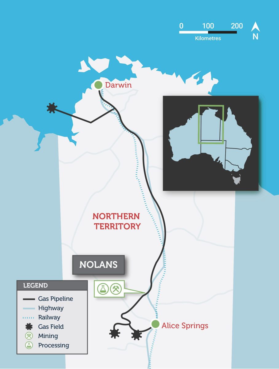 A map showing the Nolans project's location in the Northern Territory and its interconnecting supply links.