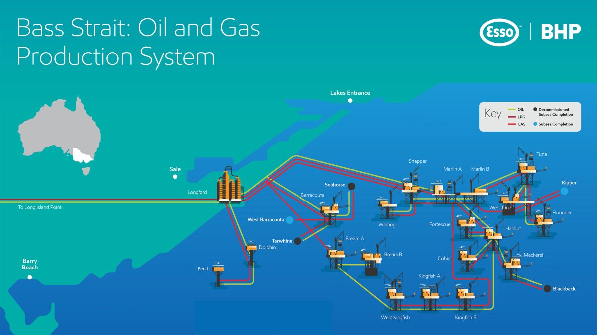 A map of the Bass Strait Oil and Gas System, managed by Esso and BHP