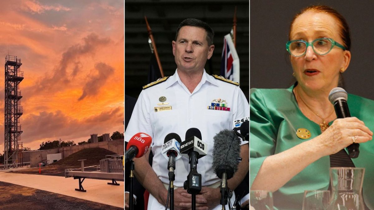 A compilation of three images. The left is a rocket launch site in Queensland, middle is Royal Australian Navy Admiral at a press conference, and right is the Australian Human Rights Commission President speaking into a microphone.