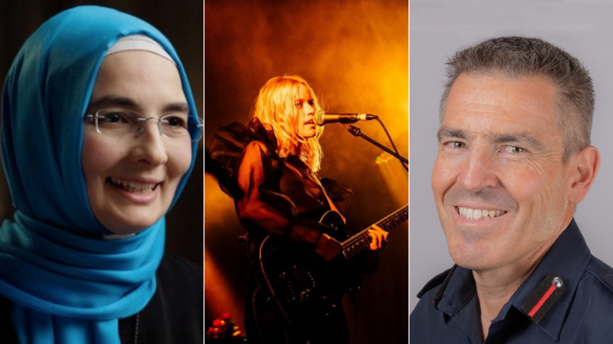 Three images put together: Associate Professor Derya Iner; a woman playing guitar and singing on stage; and Jeff Swann.