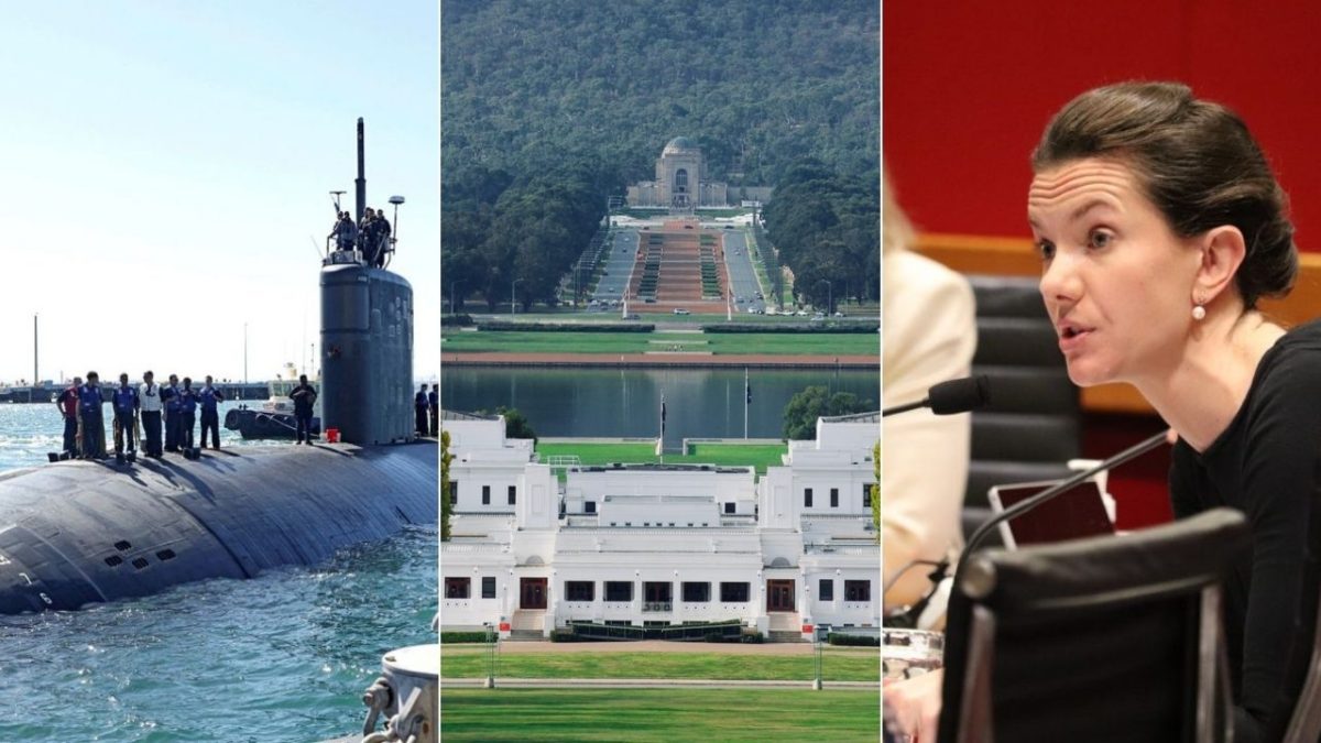 A compilation of three images side by side. Left is a nuclear submarine in the water, middle is old parliament house and the war memorial, and on the right is NSW Water Minister Rose Jackson.