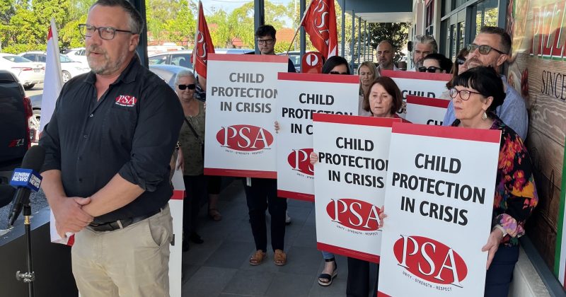 Child protection caseworkers protest centre's closure as part of statewide industrial action