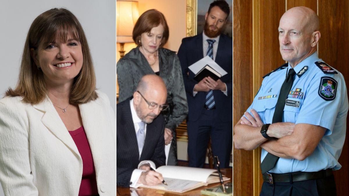 Three images compiled together: a woman, a man signing a book, and a police commissioner