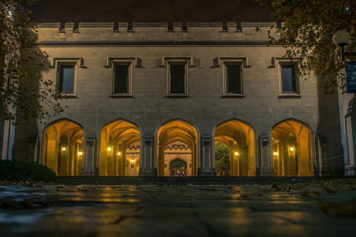 university building with lights on