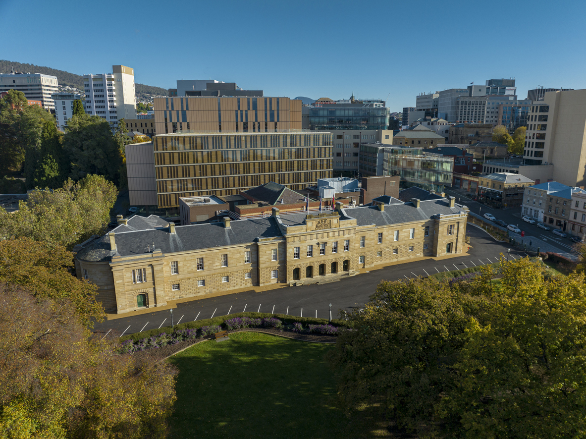 Tasmania's Parliament House and Government Buildings taken from the air.