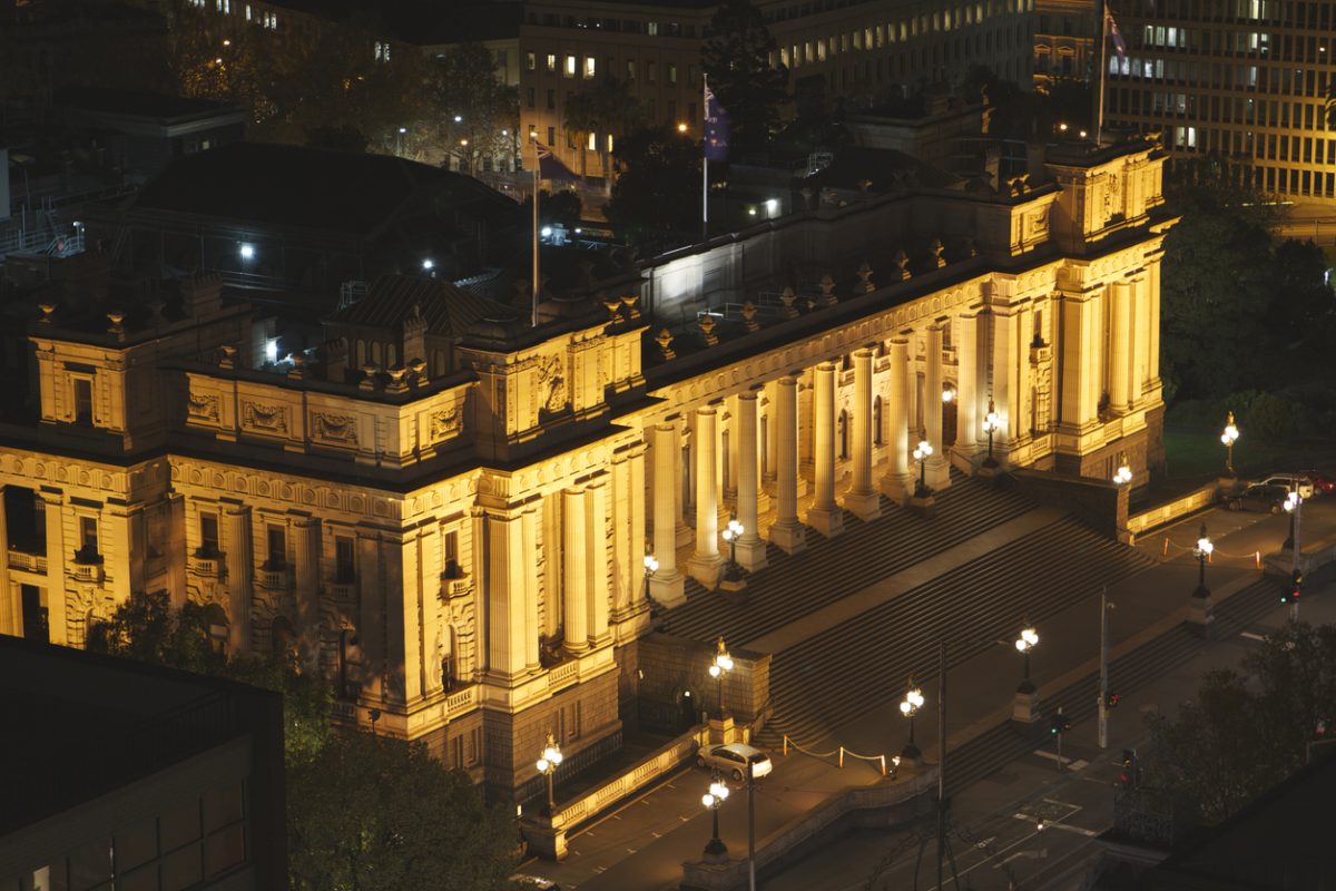 Night-time image of the Victorian State Parliament in Melbourne, Australia.