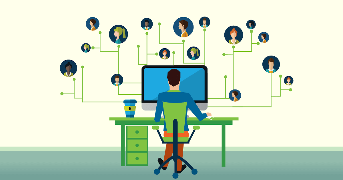Illustration of man at a desk managing remote workers