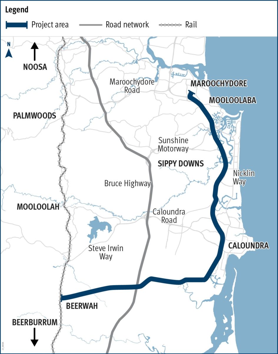 This map shows the Caboolture to Maroochydore Corridor Study corridor, between Maroochydore and Beerwah.