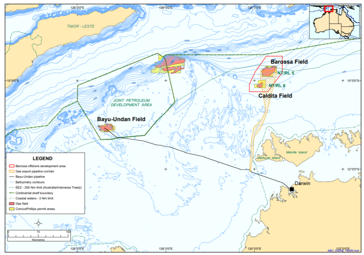 A map of the offshore natural gas fields near the Tiwi islands that Santos plans to extract from.