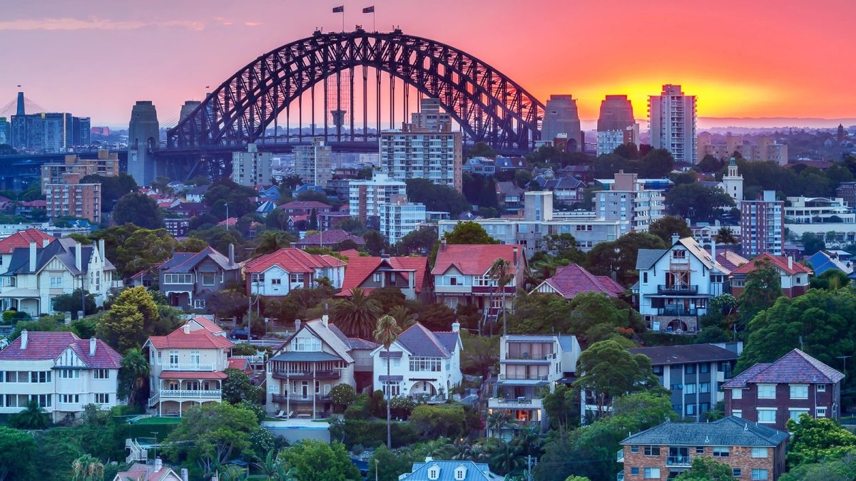 city bridge, skyline and housing