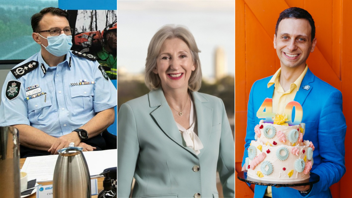 Three images combined: a police officer, a woman and another man with a cake