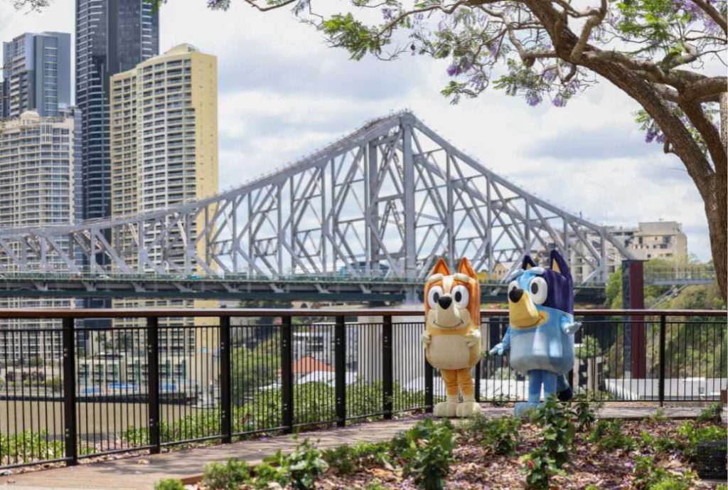 cartoon characters and city CBD bridge