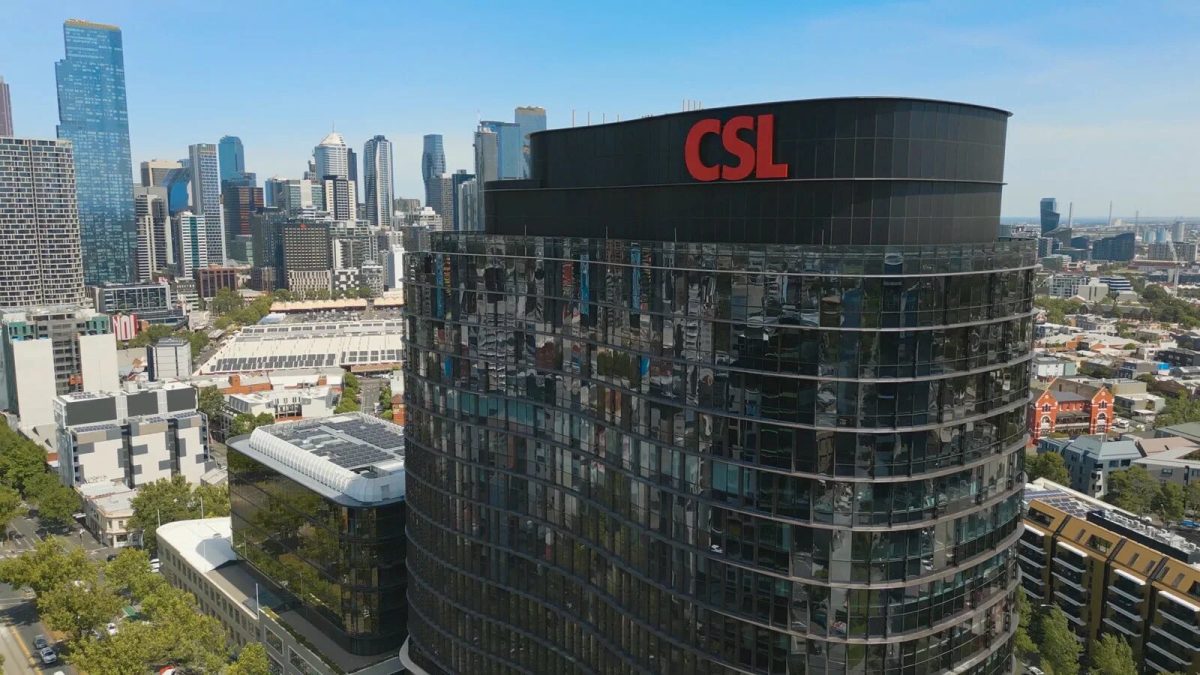 An aerial shot of a commercial building