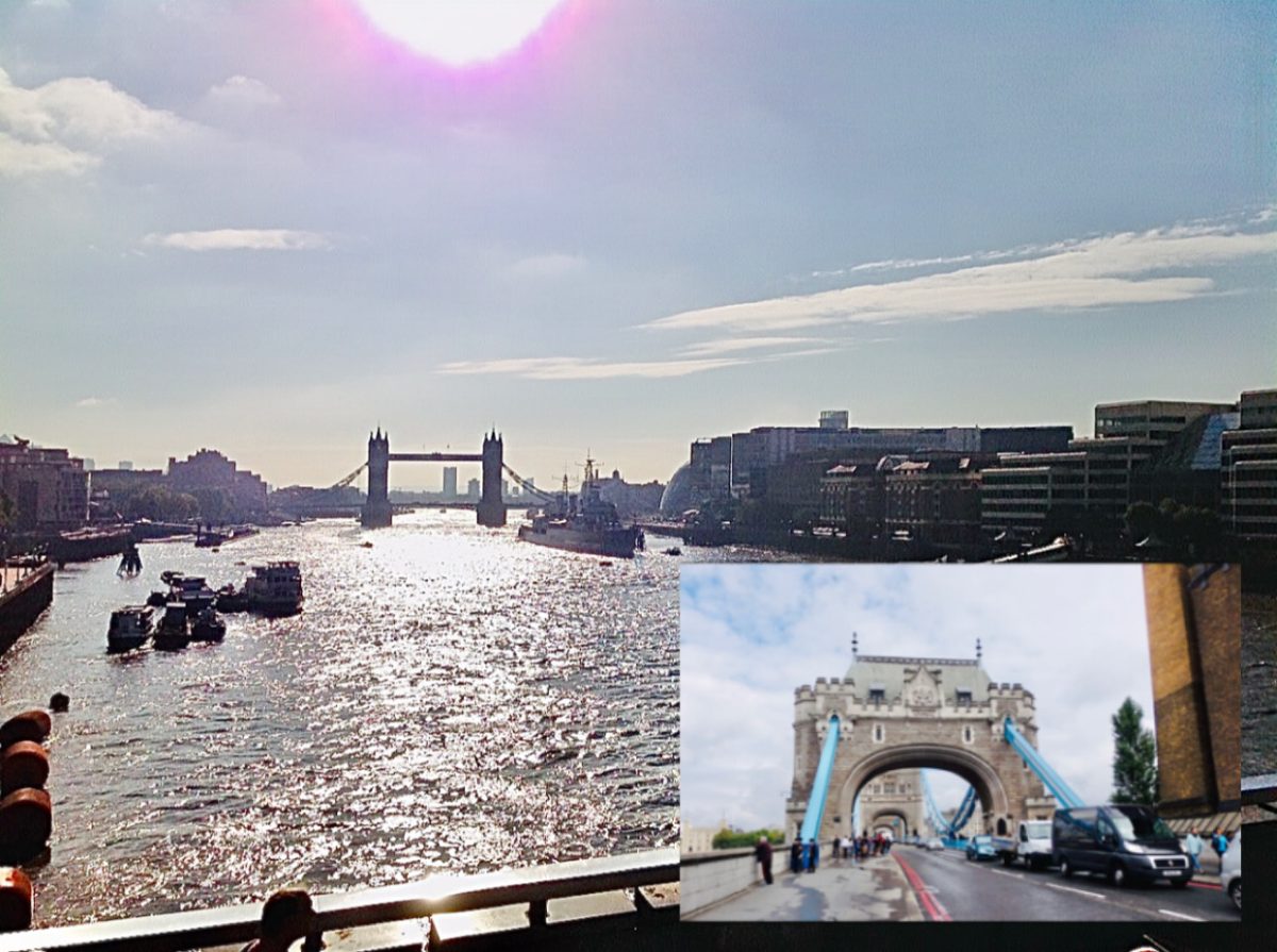 One of London’s most famous landmarks, in the distance, is the Tower Bridge. Inset: The Tower Bridge, with its distinctive light blue and grey colours, is a bascule and suspension bridge on the River Thames, closer to the Tower of London.