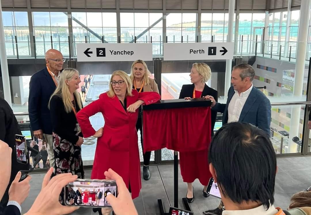 Minister Saffioti, Premier Roger Cook, Attorney-General John Quigley and Federal Member for Pearce Tracey Roberts mark the launch of the Yanchep Rail Extension in front of media.