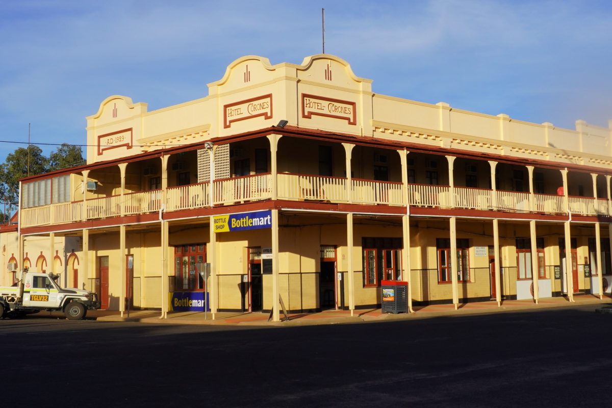 Charleville's Historic Corones Hotel illuminated by late afternoon sun.