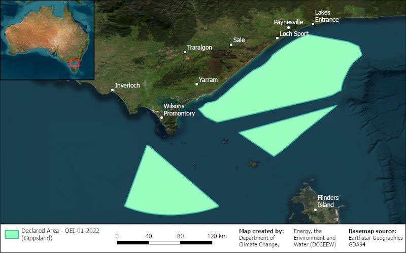 A map of the declared offshore wind zone near Gippsland.