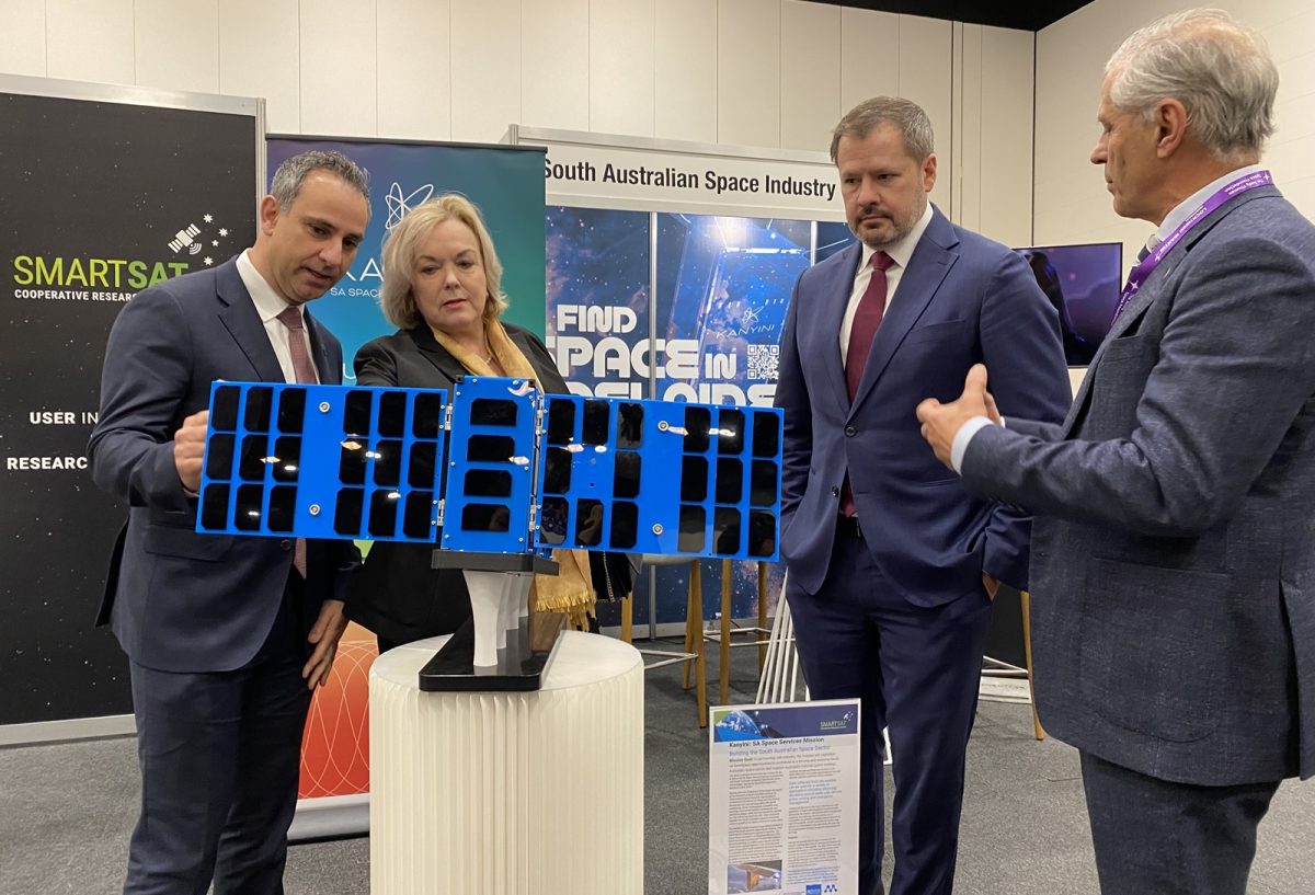 Head of the Australian Space Agency Enrico Palermo, New Zealand Minister for Space and Science, Innovation and Technology Judith Collins, Minister for Industry and Science Ed Husic, and SmartSat CRC CEO Professor Andy Koronios at the Australian Space Forum on 24 July.